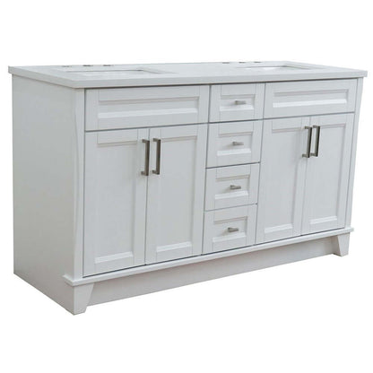 61" Double sink vanity in White finish and White quartz and rectangle sink - 400700-61D-WH-WER