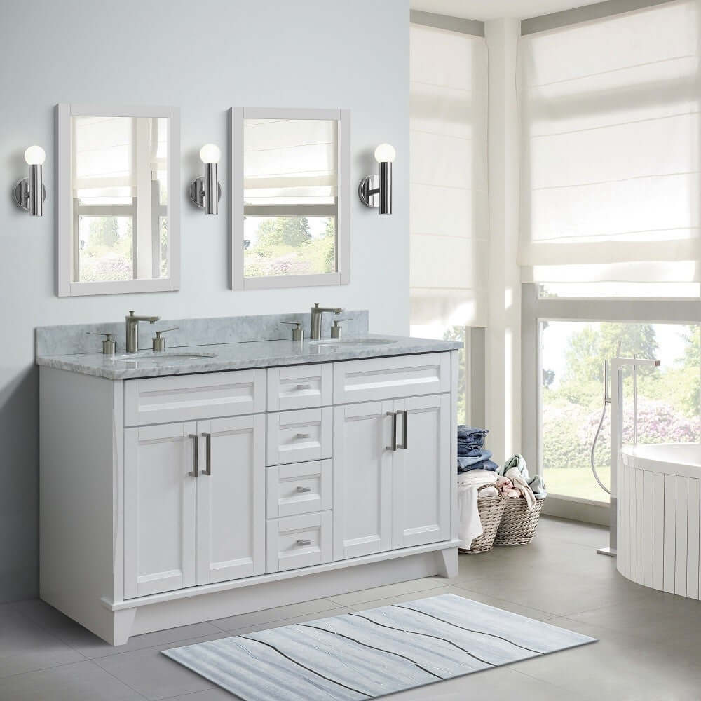 61" Double sink vanity in White finish and White Carrara marble and oval sink - 400700-61D-WH-WMO