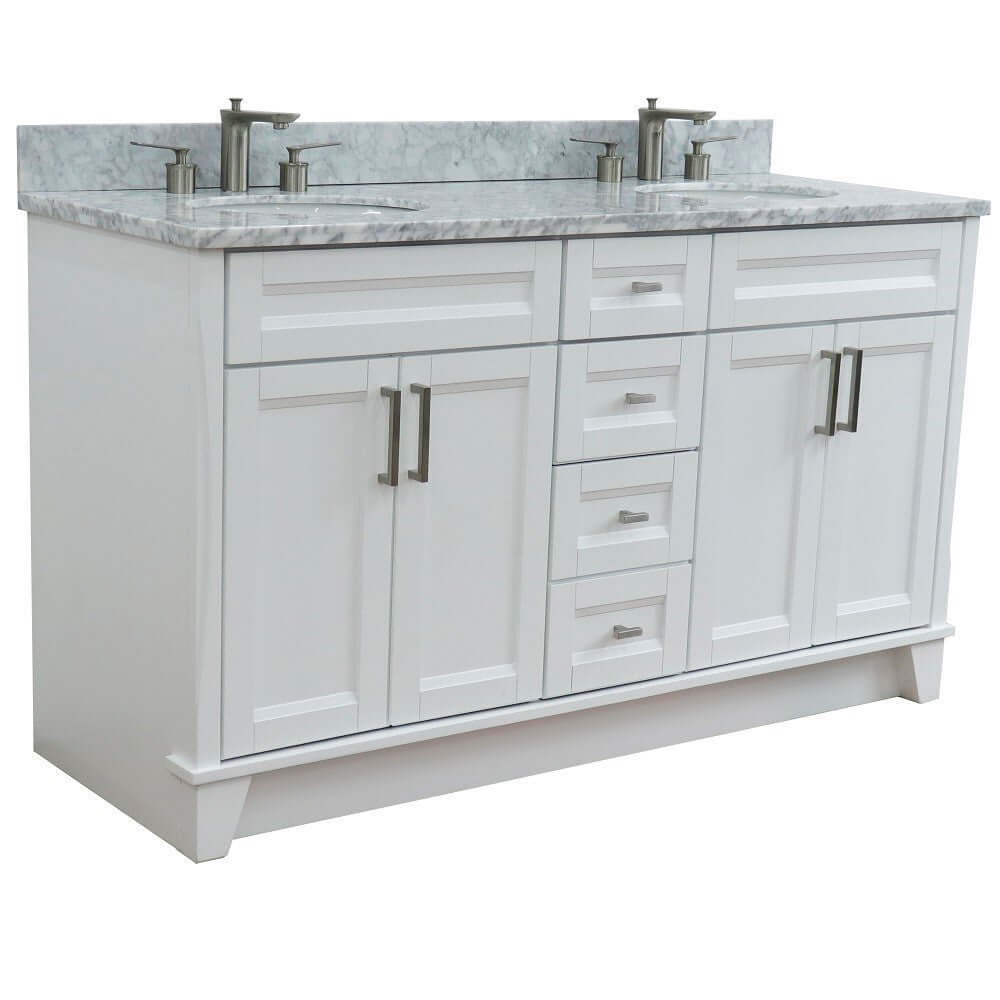 61" Double sink vanity in White finish and White Carrara marble and oval sink - 400700-61D-WH-WMO