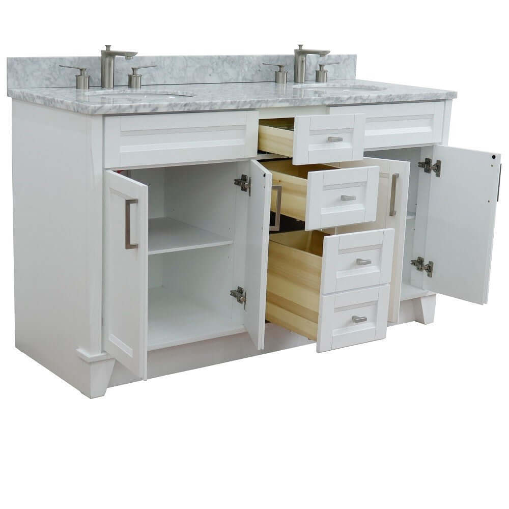 61" Double sink vanity in White finish and White Carrara marble and oval sink - 400700-61D-WH-WMO