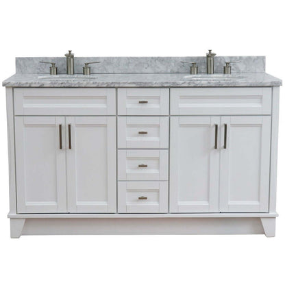 61" Double sink vanity in White finish and White Carrara marble and oval sink - 400700-61D-WH-WMO