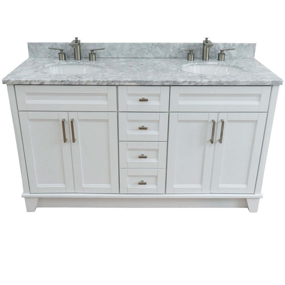 61" Double sink vanity in White finish and White Carrara marble and oval sink - 400700-61D-WH-WMO