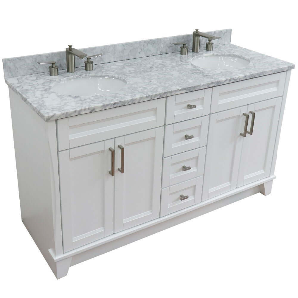 61" Double sink vanity in White finish and White Carrara marble and oval sink - 400700-61D-WH-WMO