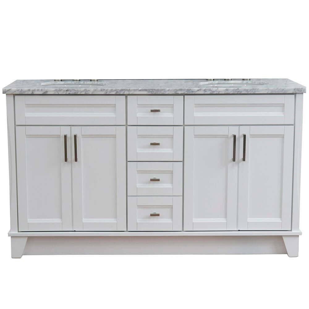 61" Double sink vanity in White finish and White Carrara marble and oval sink - 400700-61D-WH-WMO