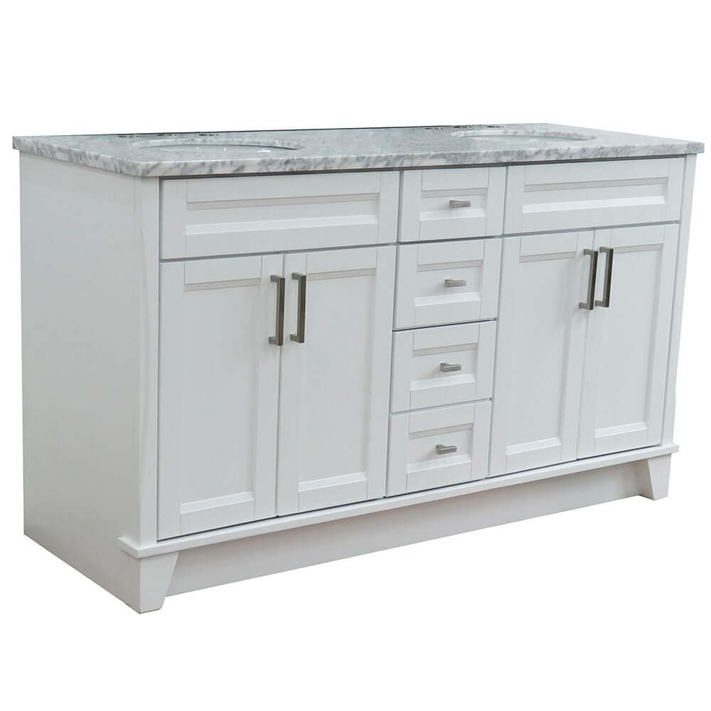 61" Double sink vanity in White finish and White Carrara marble and oval sink - 400700-61D-WH-WMO