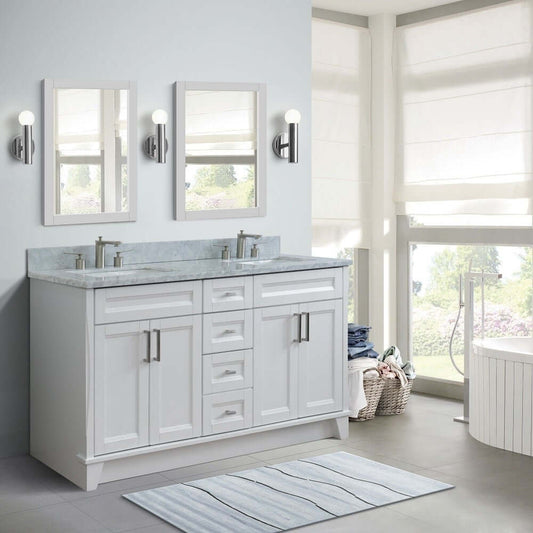 61" Double sink vanity in White finish and White Carrara marble and rectangle sink - 400700-61D-WH-WMR