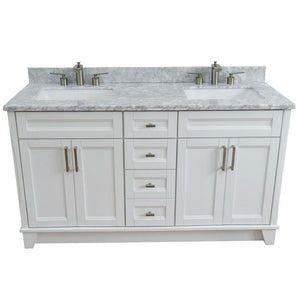 61" Double sink vanity in White finish and White Carrara marble and rectangle sink - 400700-61D-WH-WMR