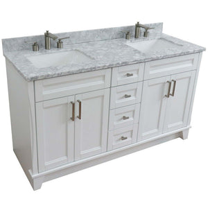 61" Double sink vanity in White finish and White Carrara marble and rectangle sink - 400700-61D-WH-WMR