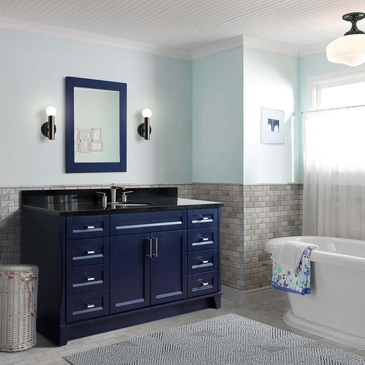 61" Single sink vanity in Blue finish and Black galaxy granite and oval sink - 400700-61S-BU-BGO