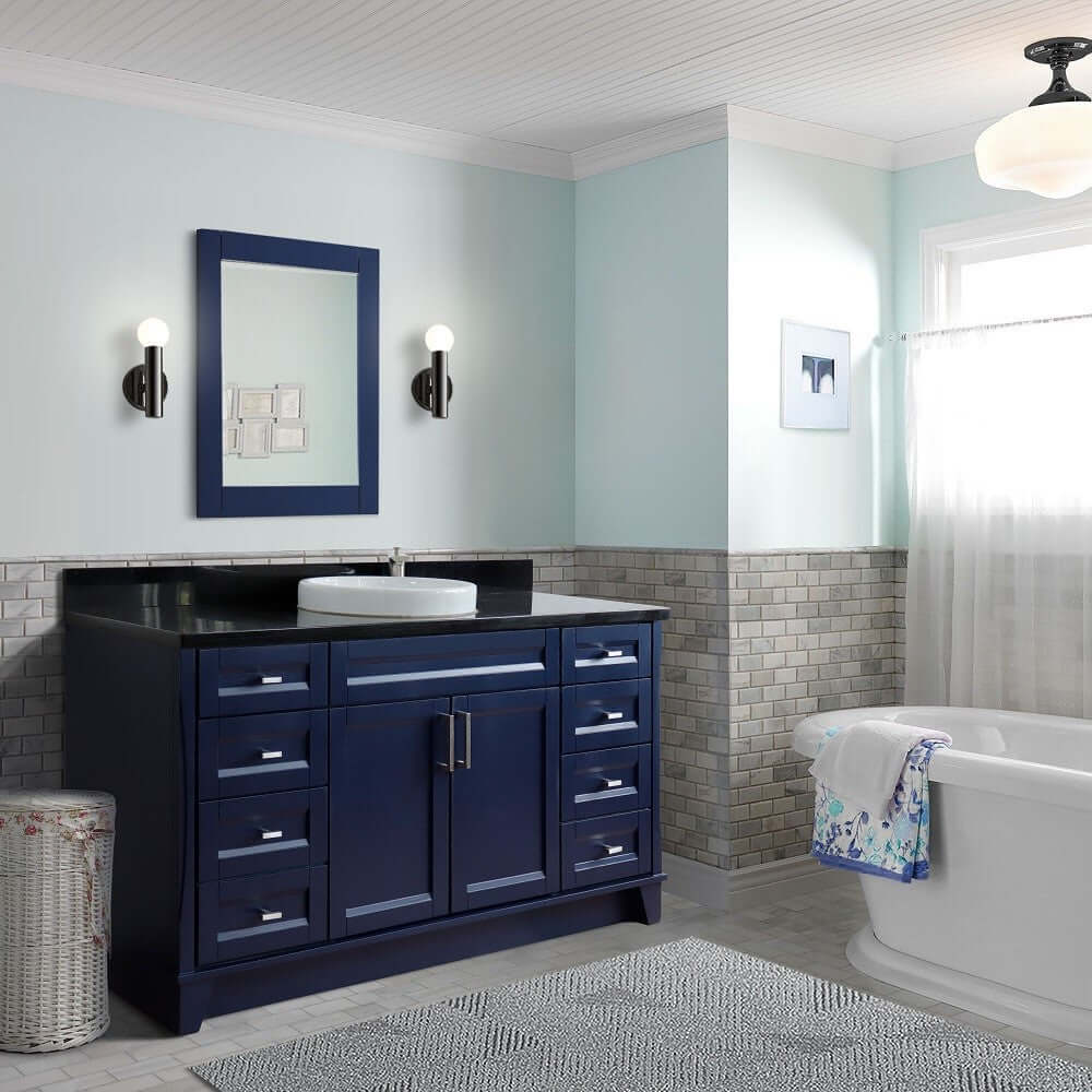 61" Single sink vanity in Blue finish and Black galaxy granite and round sink - 400700-61S-BU-BGRD