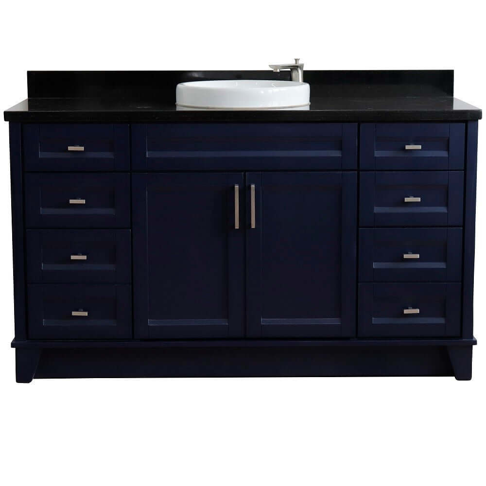 61" Single sink vanity in Blue finish and Black galaxy granite and round sink - 400700-61S-BU-BGRD