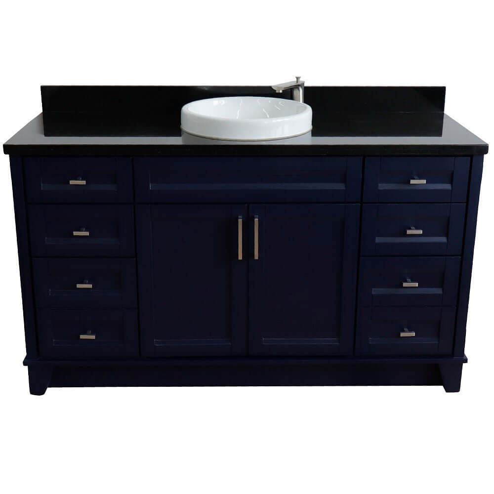 61" Single sink vanity in Blue finish and Black galaxy granite and round sink - 400700-61S-BU-BGRD