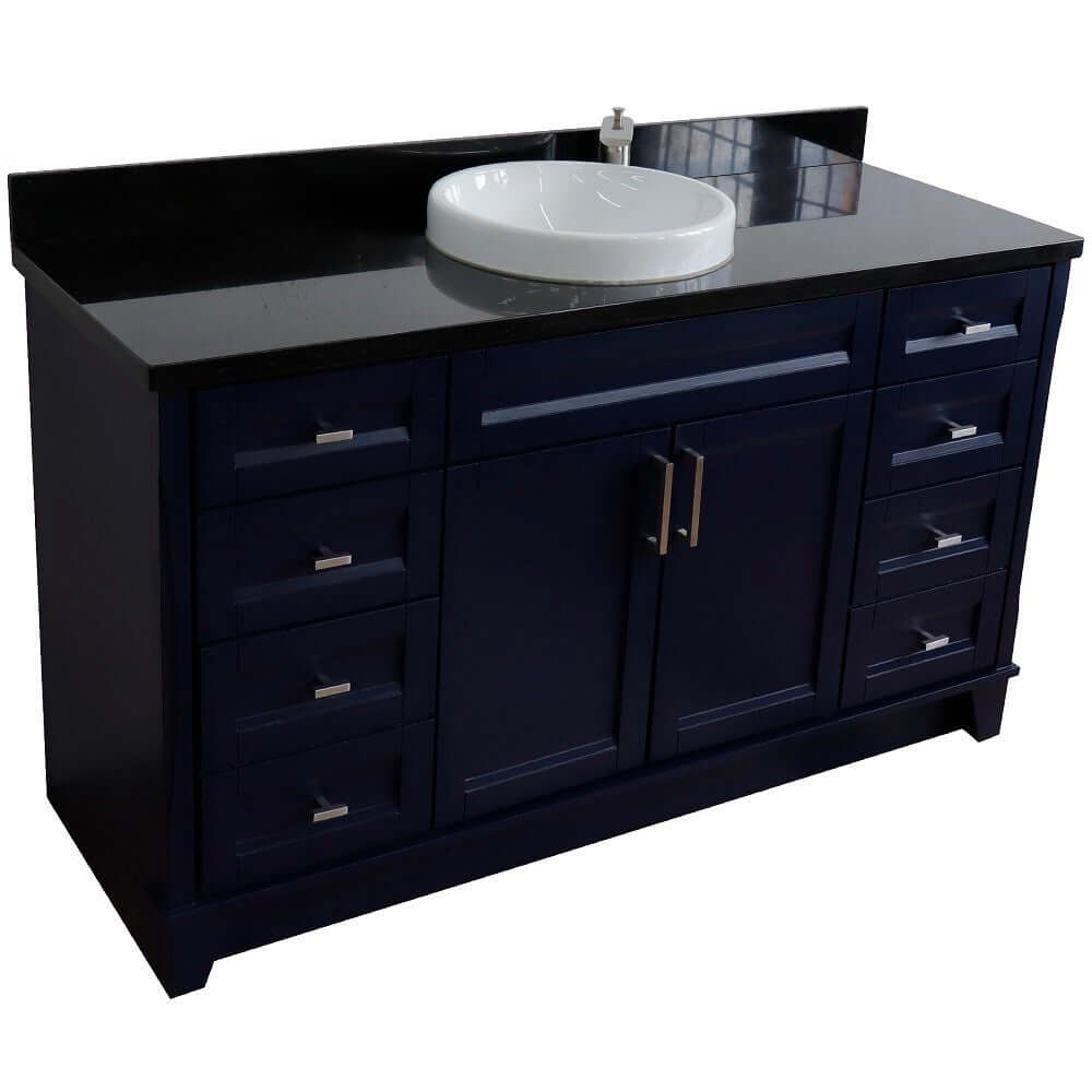 61" Single sink vanity in Blue finish and Black galaxy granite and round sink - 400700-61S-BU-BGRD