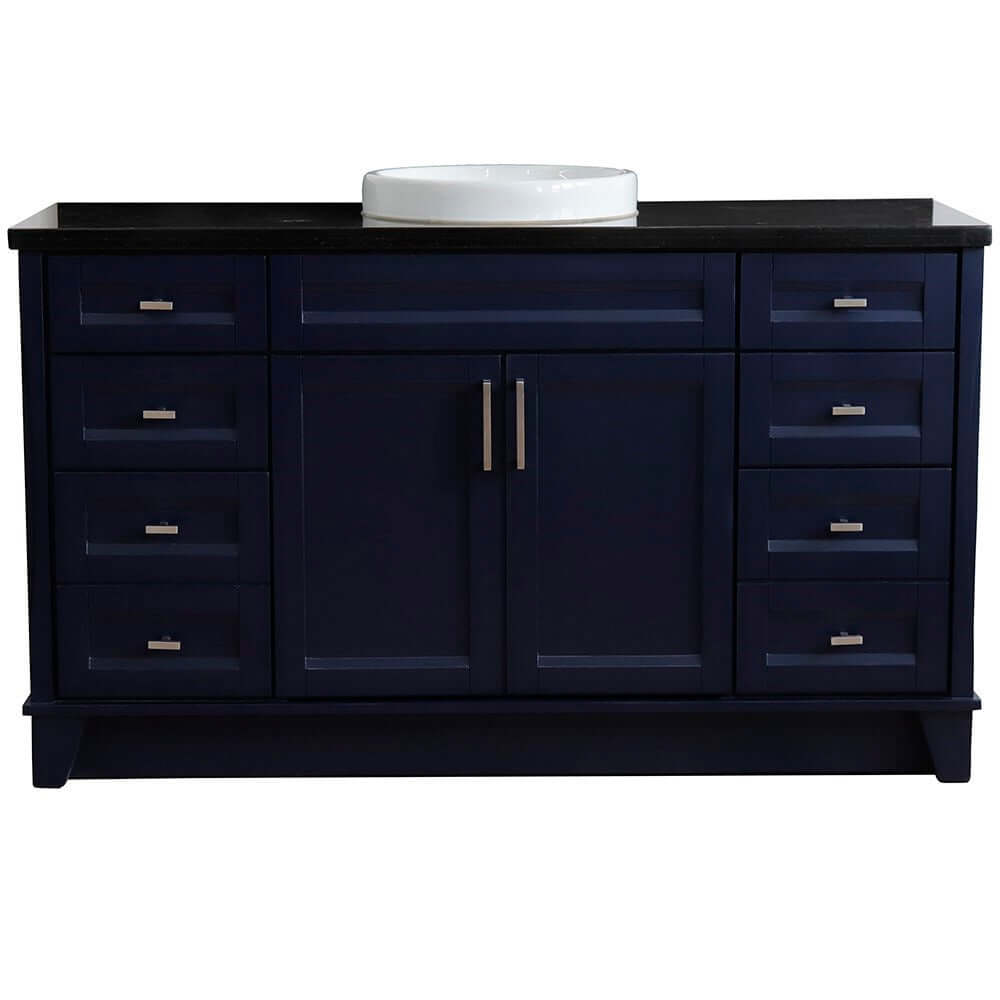 61" Single sink vanity in Blue finish and Black galaxy granite and round sink - 400700-61S-BU-BGRD