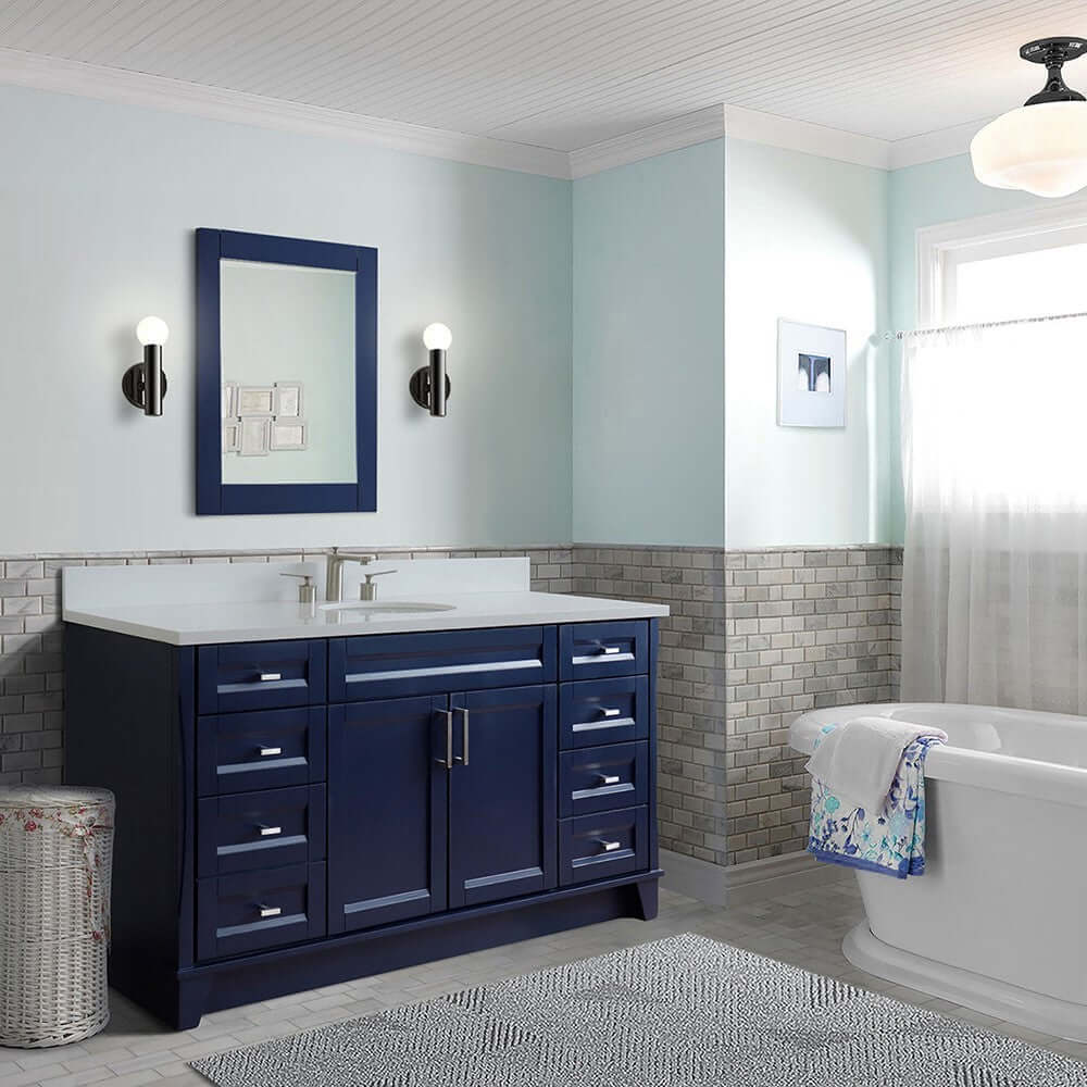61" Single sink vanity in Blue finish and White quartz and oval sink - 400700-61S-BU-WEO