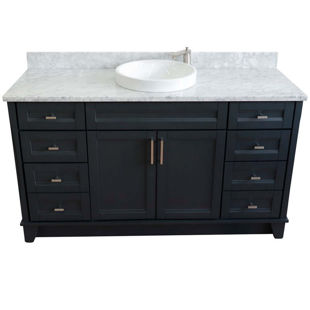 61" Single sink vanity in Dark Gray finish and White Carrara marble and round sink - 400700-61S-DG-WMRD