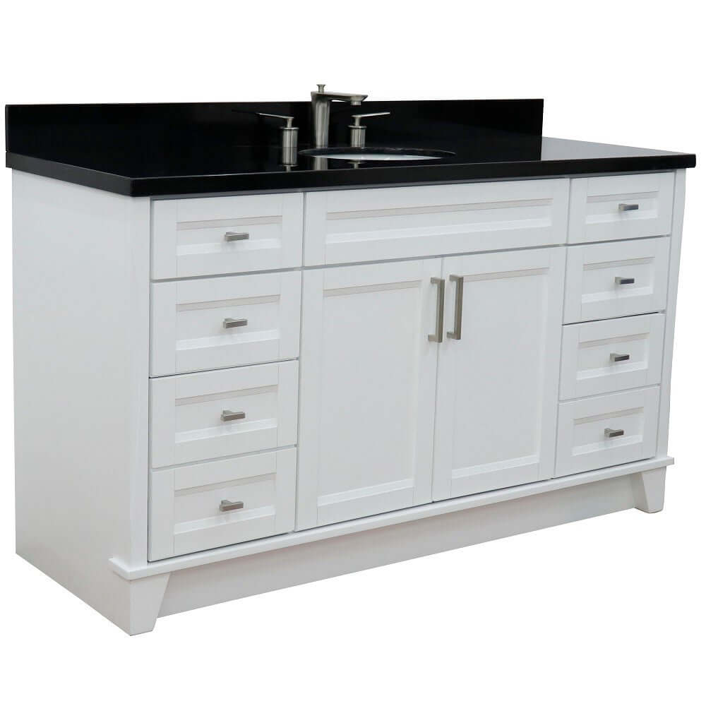 61" Single sink vanity in White finish and Black galaxy granite and oval sink - 400700-61S-WH-BGO