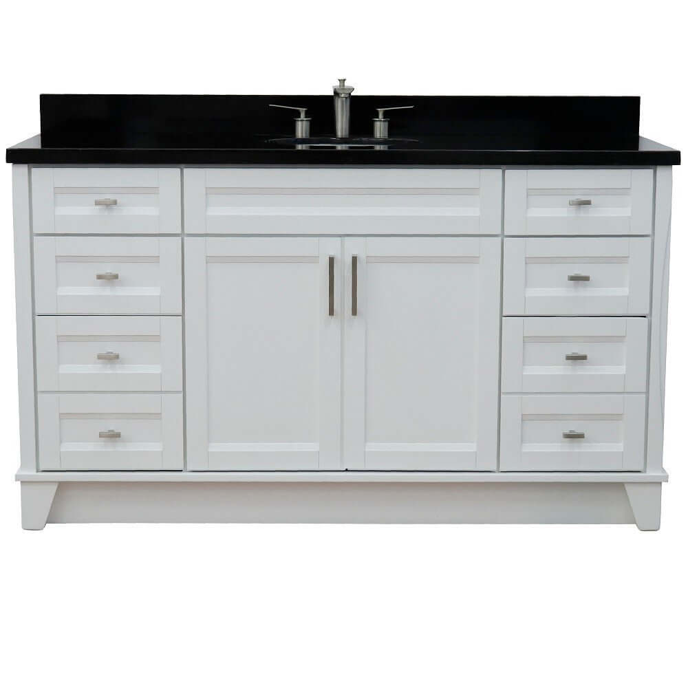 61" Single sink vanity in White finish and Black galaxy granite and oval sink - 400700-61S-WH-BGO