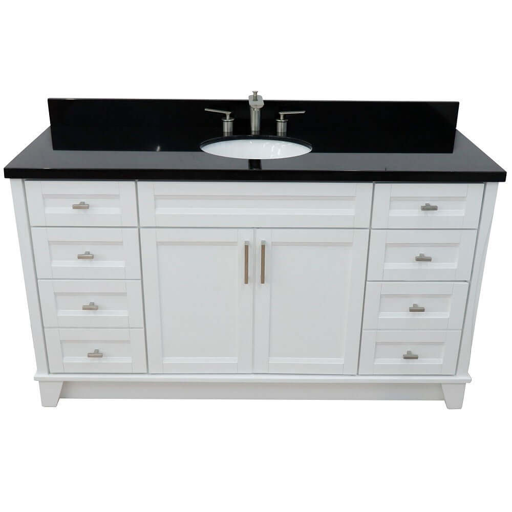 61" Single sink vanity in White finish and Black galaxy granite and oval sink - 400700-61S-WH-BGO