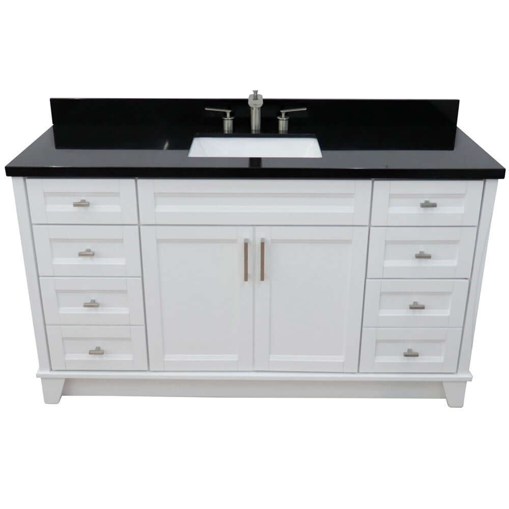 61" Single sink vanity in White finish and Black galaxy granite and rectangle sink - 400700-61S-WH-BGR