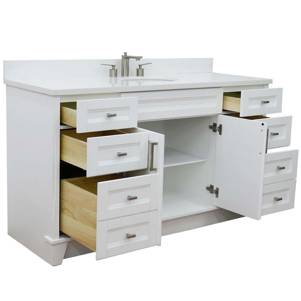 61" Single sink vanity in White finish and White quartz and oval sink - 400700-61S-WH-WEO