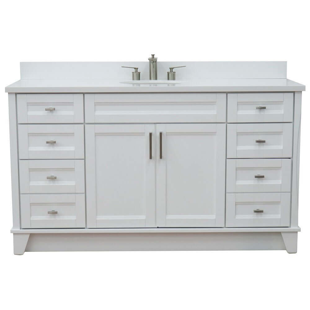 61" Single sink vanity in White finish and White quartz and oval sink - 400700-61S-WH-WEO