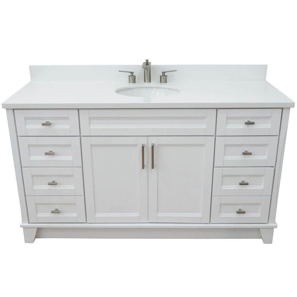 61" Single sink vanity in White finish and White quartz and oval sink - 400700-61S-WH-WEO