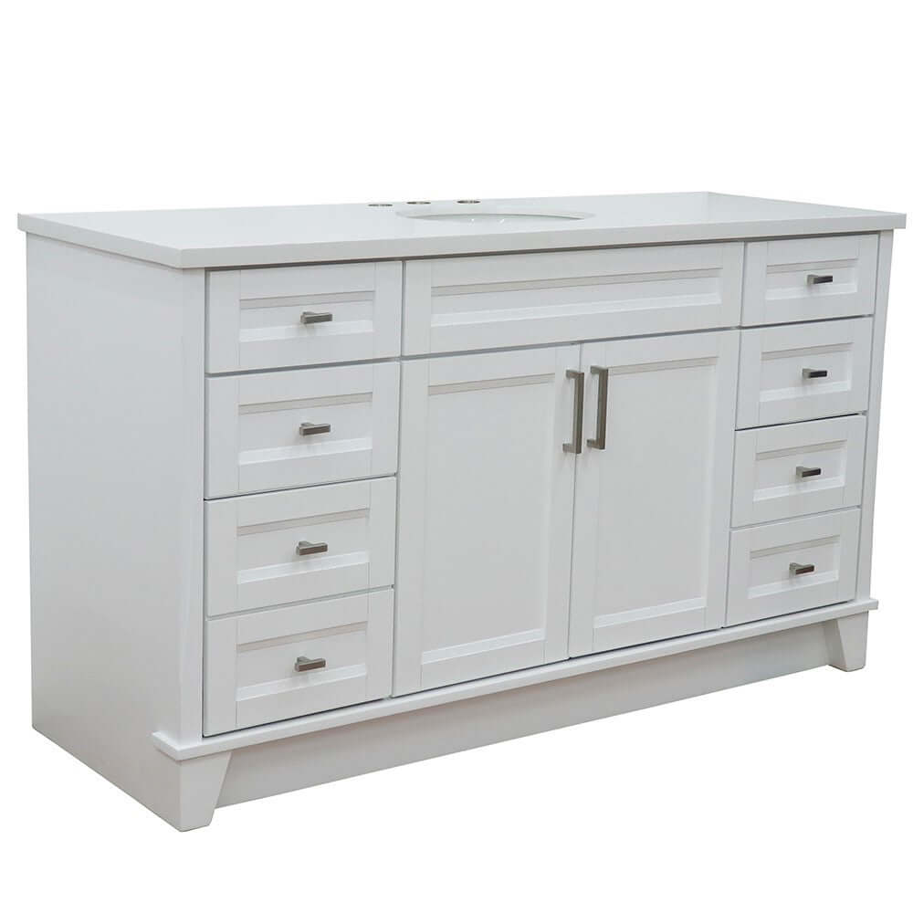 61" Single sink vanity in White finish and White quartz and oval sink - 400700-61S-WH-WEO