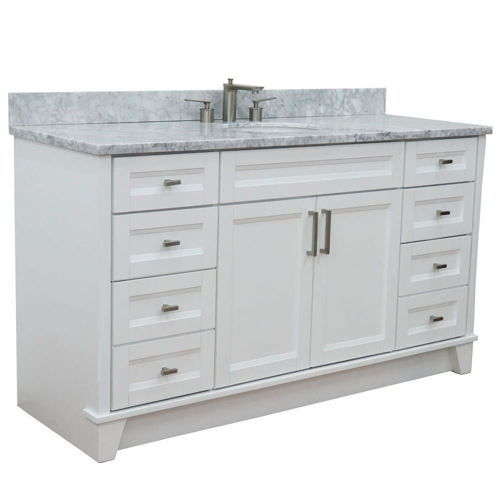 61" Single sink vanity in White finish and White Carrara marble and oval sink - 400700-61S-WH-WMO