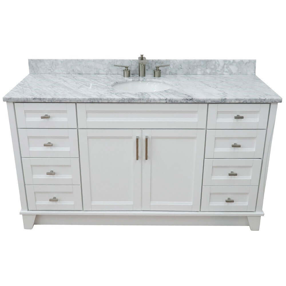 61" Single sink vanity in White finish and White Carrara marble and oval sink - 400700-61S-WH-WMO