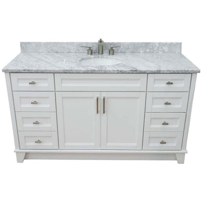 61" Single sink vanity in White finish and White Carrara marble and oval sink - 400700-61S-WH-WMO