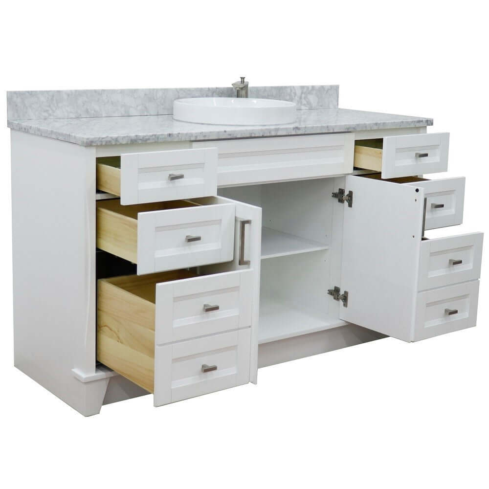 61" Single sink vanity in White finish and White Carrara marble and round sink - 400700-61S-WH-WMRD