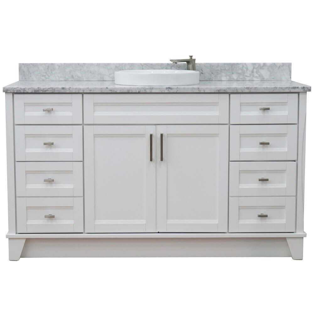 61" Single sink vanity in White finish and White Carrara marble and round sink - 400700-61S-WH-WMRD