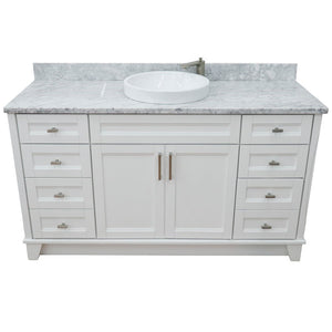 61" Single sink vanity in White finish and White Carrara marble and round sink - 400700-61S-WH-WMRD