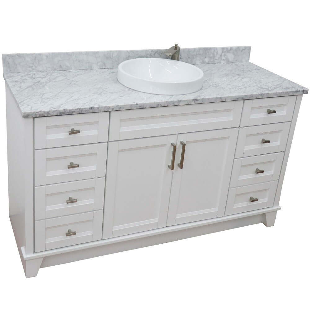 61" Single sink vanity in White finish and White Carrara marble and round sink - 400700-61S-WH-WMRD