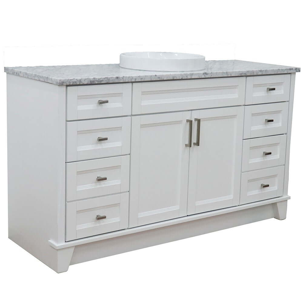 61" Single sink vanity in White finish and White Carrara marble and round sink - 400700-61S-WH-WMRD