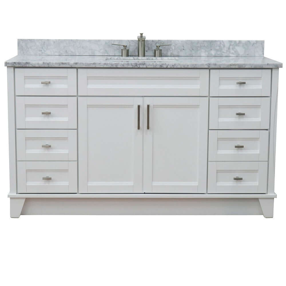 61" Single sink vanity in White finish and White Carrara marble and rectangle sink - 400700-61S-WH-WMR