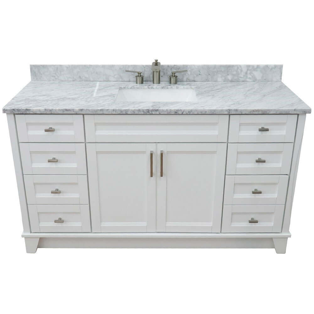 61" Single sink vanity in White finish and White Carrara marble and rectangle sink - 400700-61S-WH-WMR