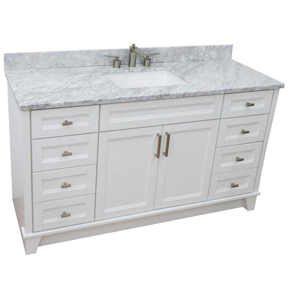 61" Single sink vanity in White finish and White Carrara marble and rectangle sink - 400700-61S-WH-WMR