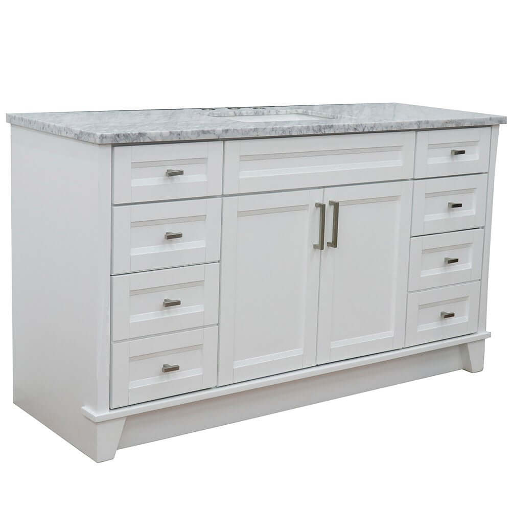 61" Single sink vanity in White finish and White Carrara marble and rectangle sink - 400700-61S-WH-WMR