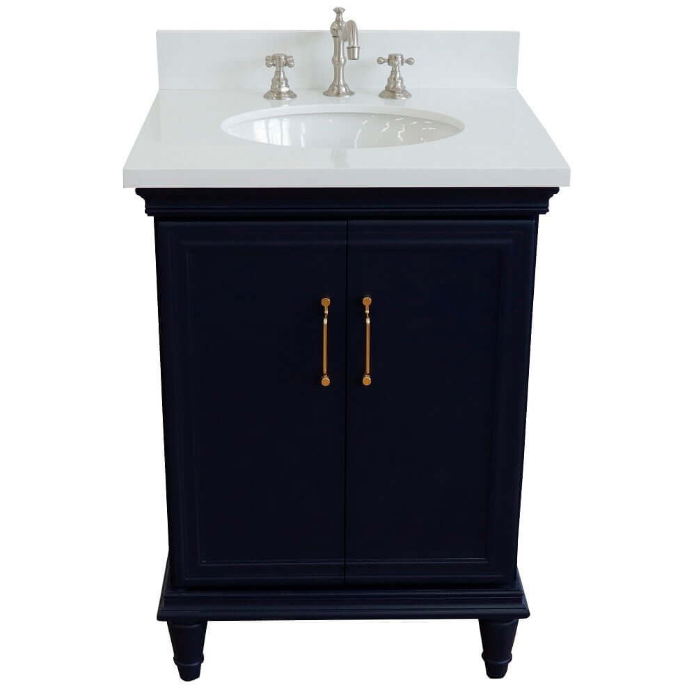 25" Single vanity in Blue finish with White quartz and oval sink - 400800-25-BU-WEO