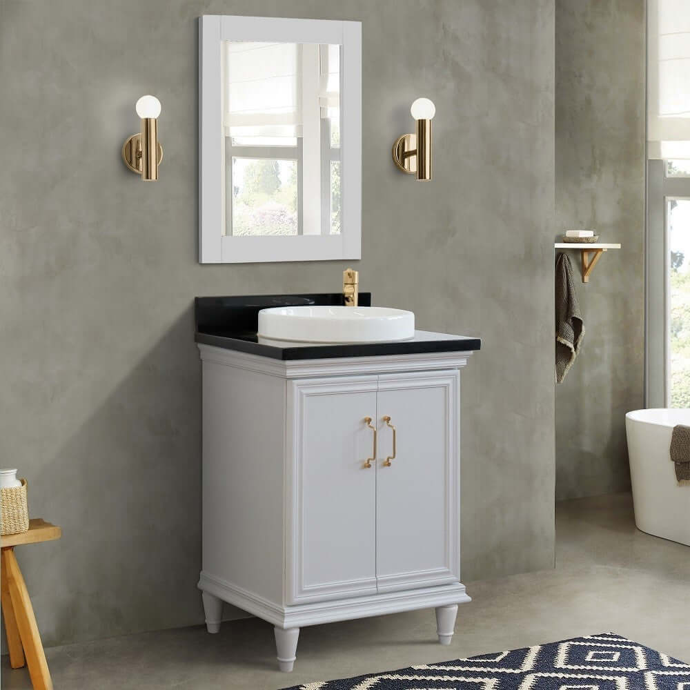 25" Single vanity in White finish with Black galaxy and round sink - 400800-25-WH-BGRD