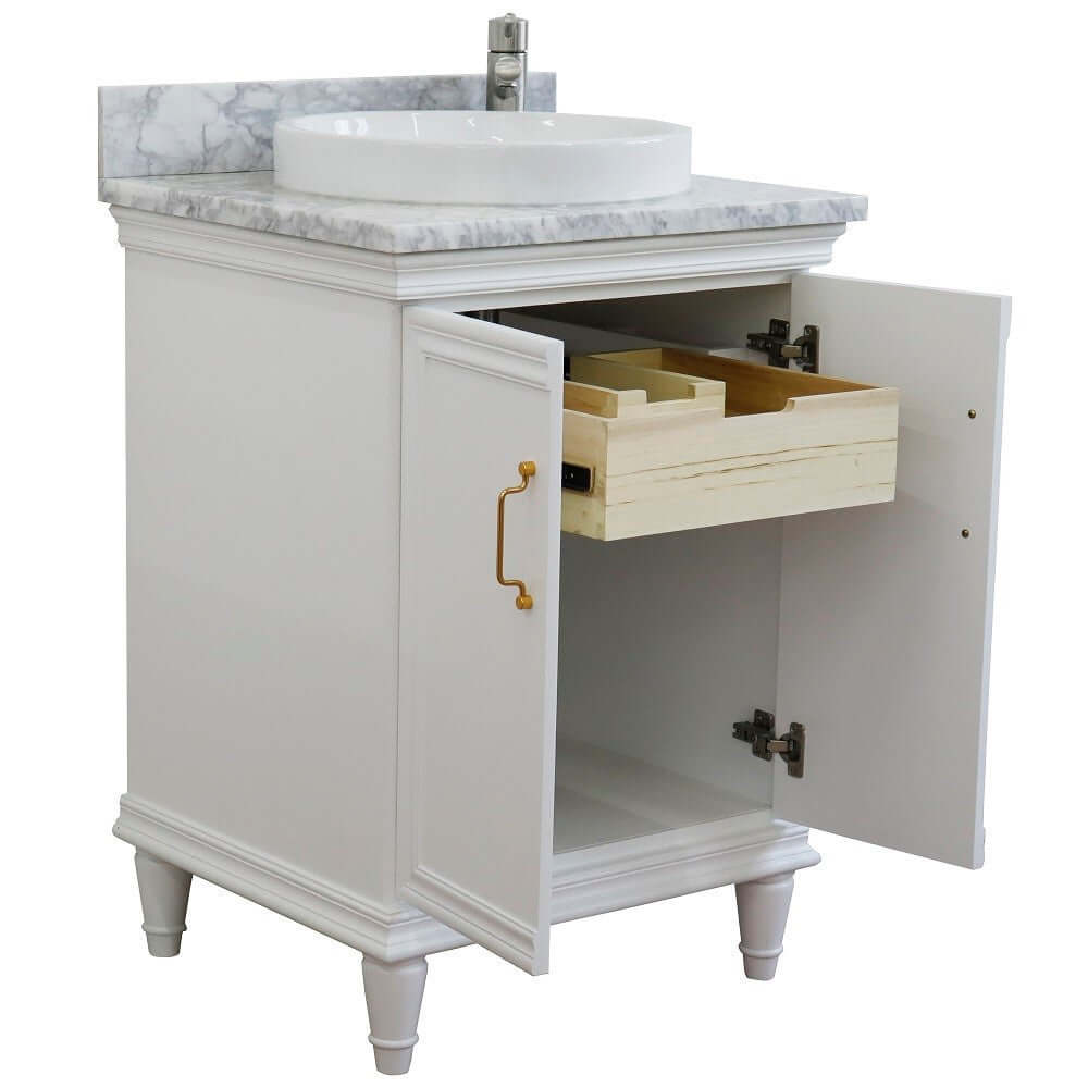 25" Single vanity in White finish with White Carrara and round sink - 400800-25-WH-WMRD