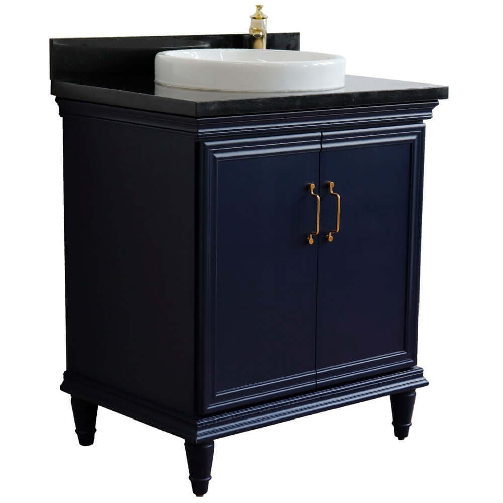 31" Single vanity in Blue finish with Black galaxy and round sink - 400800-31-BU-BGRD