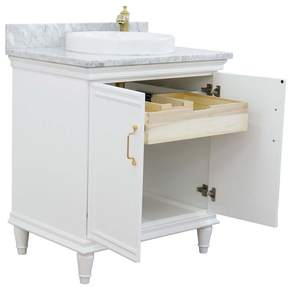 31" Single vanity in White finish with White Carrara and round sink - 400800-31-WH-WMRD