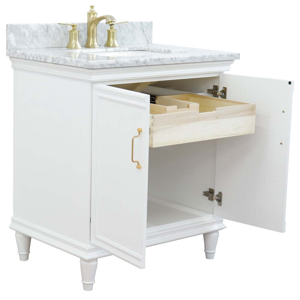 31" Single vanity in White finish with White Carrara and rectangle sink - 400800-31-WH-WMR