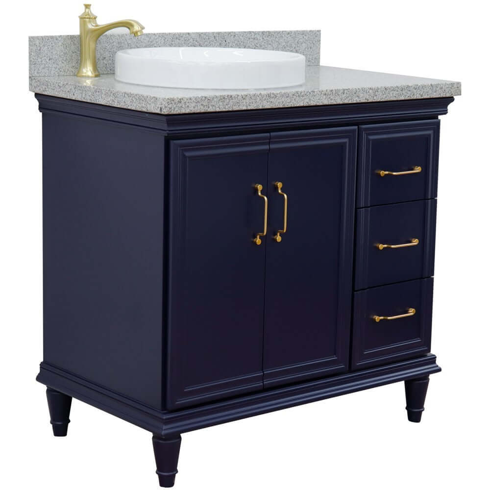 37" Single vanity in Blue finish with Gray granite and round sink- Left door/Left sink - 400800-37L-BU-GYRDL