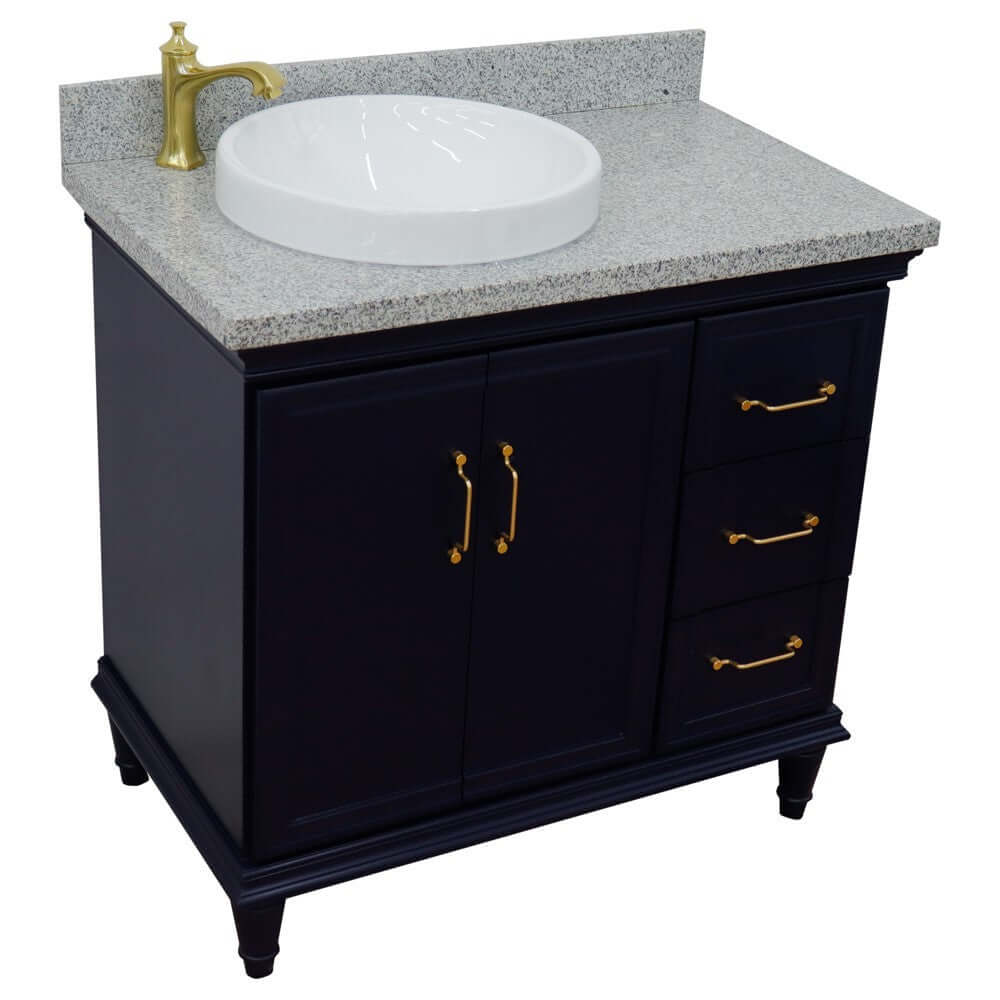 37" Single vanity in Blue finish with Gray granite and round sink- Left door/Left sink - 400800-37L-BU-GYRDL