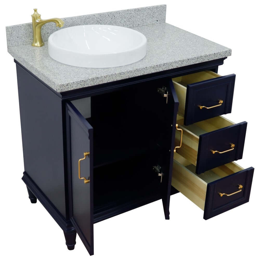 37" Single vanity in Blue finish with Gray granite and round sink- Left door/Left sink - 400800-37L-BU-GYRDL