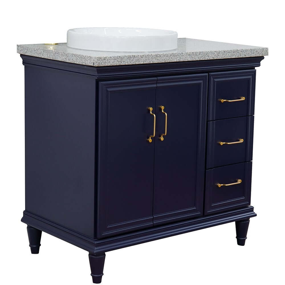 37" Single vanity in Blue finish with Gray granite and round sink- Left door/Left sink - 400800-37L-BU-GYRDL